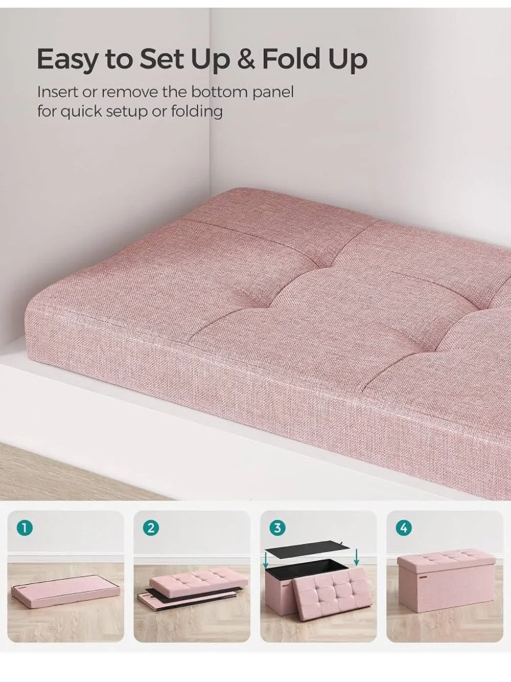 30 Inches Pink Storage Ottoman Bench with Removable Tufted Lid